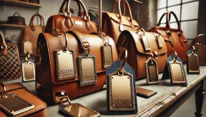 Lifestyle image of luxury handbags with metal leather bag tags