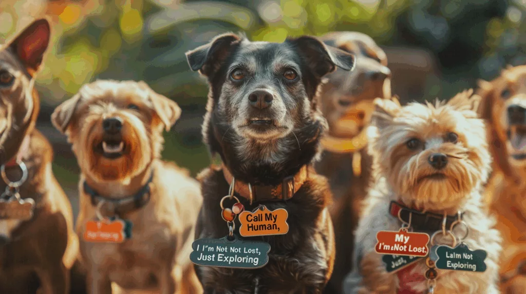 Humorous and custom pet ID dog tags on collars