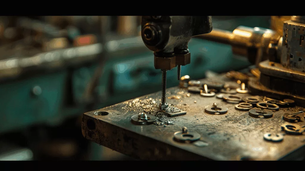 Metal dog tag being stamped in workshop