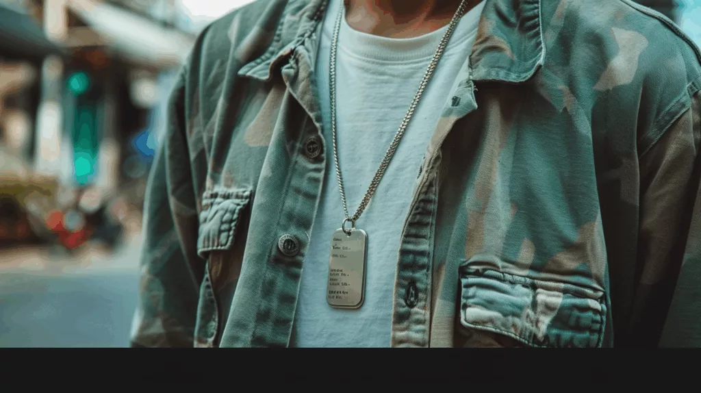 Civilian wearing dog tag under shirt, medical info visible