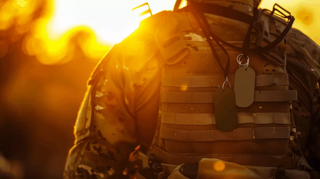 Soldier wearing army dog tags in the field