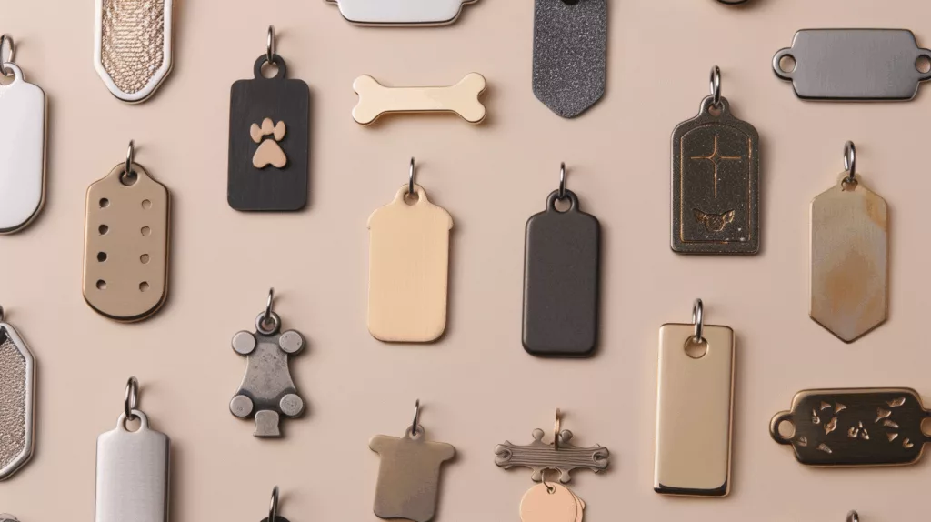 Various types of dog tags including military, custom, and pet ID tags