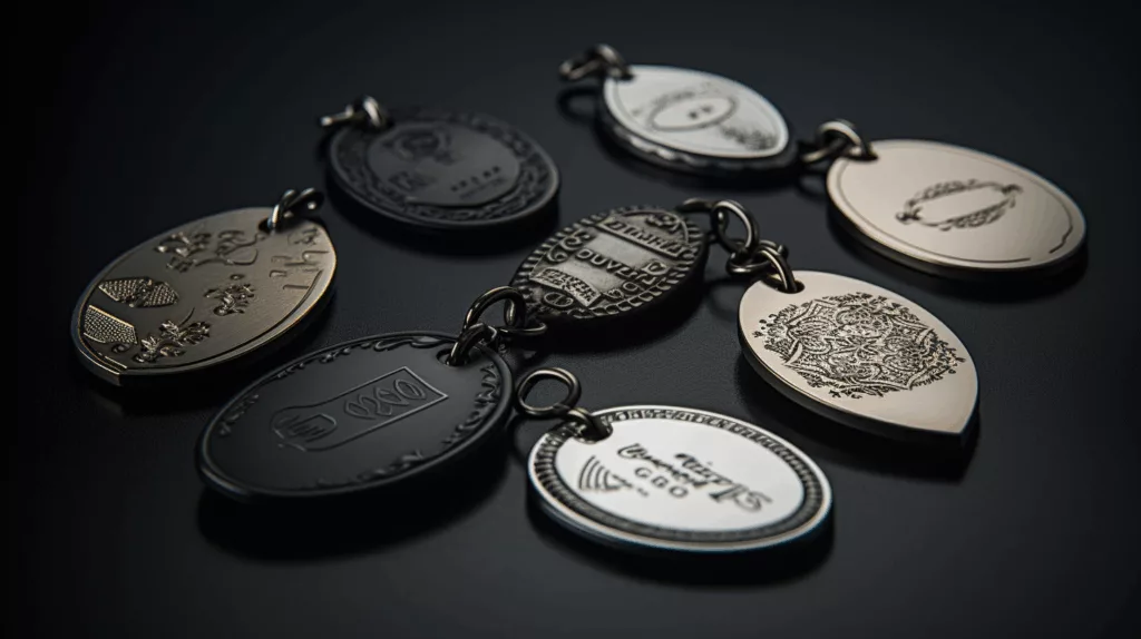 A display of custom-designed metal tags showing variations in shapes (round, oval, rectangular), printed logos, engraving styles, and mounting holes—arranged as a design portfolio on a dark tabletop.