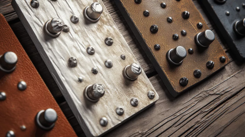 Close-up shots of metal tags being installed using screws, rivets, adhesive, and zip ties on different surfaces like wood, metal, and plastic—shown in a split-scene layout.