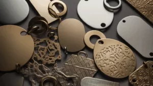 A display of custom-designed metal tags showing variations in shapes (round, oval, rectangular), printed logos, engraving styles, and mounting holes—arranged as a design portfolio on a dark tabletop.