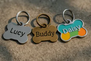 A trio of custom dog tags shows a range of finishes—brushed stainless steel, antique brass, and colorful enamel on zinc alloy—with engraved pet names.