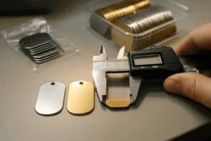 Close-up of QC process comparing stainless steel and brass dog tags, measuring thickness and inspecting finish before bulk packing.