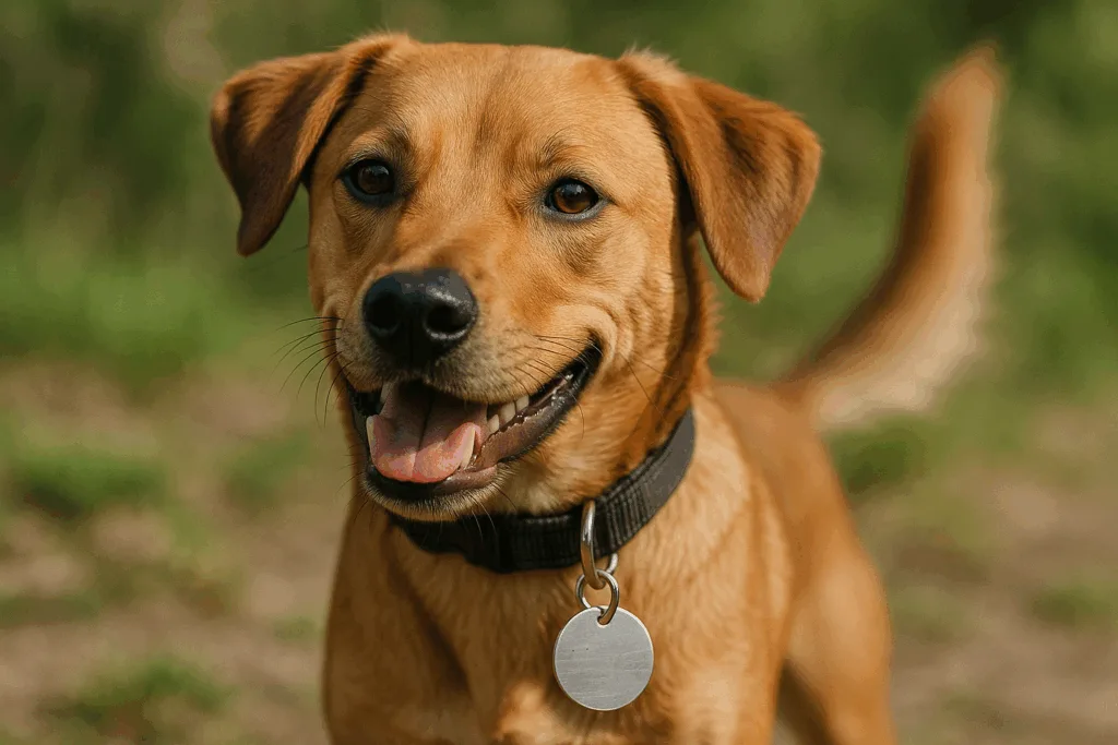 dog wearing custom engraved name tag