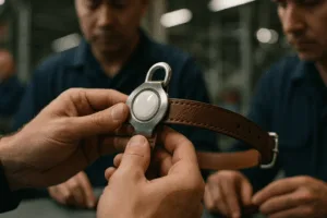 Worker inspects metal AirTag holder retention on dog collar under factory conditions.