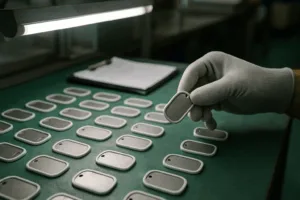 A quality control workbench with silent dog tags being inspected, focusing on both the metal engraving and the silicone noise-reducing edge guards.