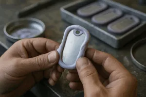 A professional examines hybrid dog tags for seamless silicone coverage and flawless metal integration.