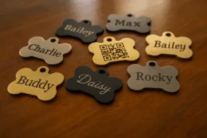 Close-up of metal dog name tags with laser engraving and QR codes, brass and matte black finishes.