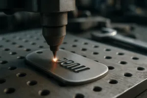 An artisan engraves a metal pet ID tag using a high-contrast sans-serif font, ensuring maximum clarity and legibility.