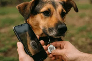 A lost dog's QR code dog tag is scanned by a smartphone, illustrating how rapid digital identification aids in owner recovery and lost-and-found processes.