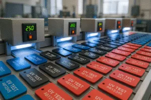 Rows of colorful anodized aluminum tags are durability tested for UV resistance and batch traceability in an industrial lab setting.