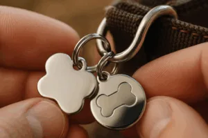 A detailed view of split rings and finished metal hanging tags being affixed to a collar's D-ring, highlighting expert engraving and robust hardware.