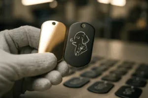 A factory technician demonstrates finish and color fill variations between dog tags during a small batch production run.