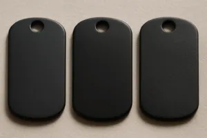 Visual comparison of spray, PVD, and electroplated matte black coatings on dog tags, showing subtle differences in texture and sheen.