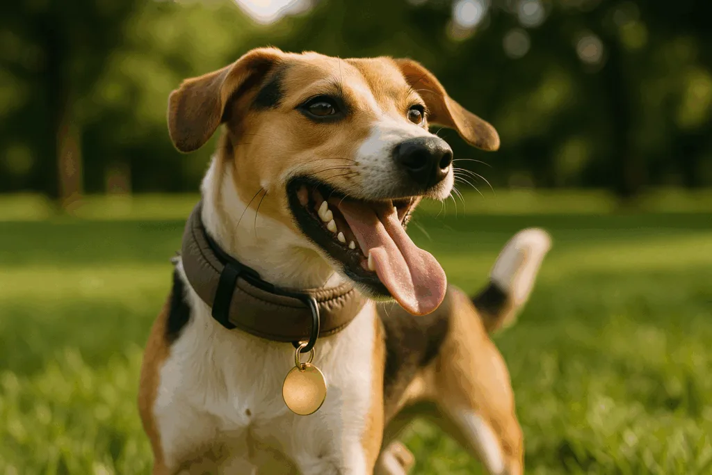 dog wearing slide on tag outdoors