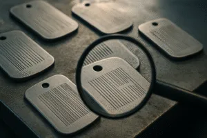 Close-up image of several metal dog tags on a bench, focused on engraved areas with differing line weights, emphasizing the impact of minimum line width and spacing.