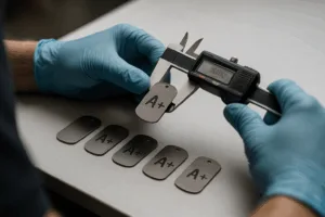 UC Tag quality staff using precision instruments to confirm laser engraving depth on pet ID tags.