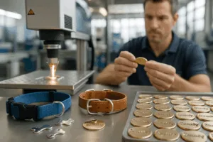 UC Tag factory finishing custom dog tags with laser engraving and plating, quality control procedures in place to ensure flawless pet accessory products.