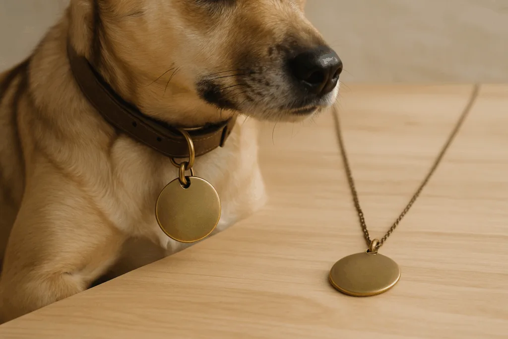 The image displays a medium dog wearing an antique brass tag on its collar. Nearby, a matching human pendant rests on a necklace, both set on a wooden surface, highlighting the quality and finish of a "Best Friend" matching tag set.
