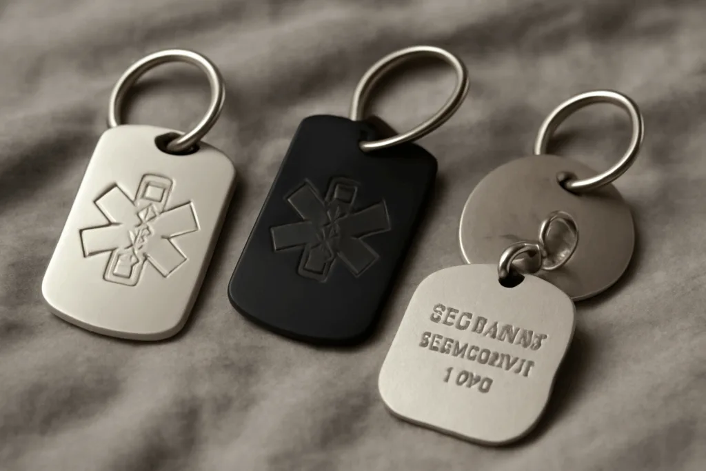 Image featuring different shapes, materials, and double-sided options for medical alert dog tags.