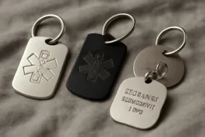 Image featuring different shapes, materials, and double-sided options for medical alert dog tags.