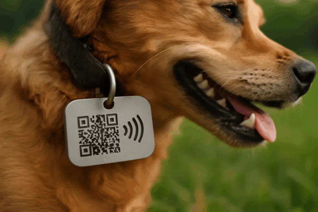 A metal smart pet ID tag with both QR code and NFC emblem, showing rugged finish and secure attachment to an active dog's collar outside.