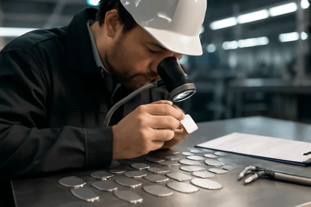 An inspector performs detailed quality checks on finished dog tags, ensuring dimensional accuracy and flawless finishes.