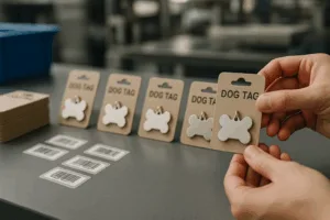 Dog tags being packed on retail cards with barcode labels, ready for shipment.