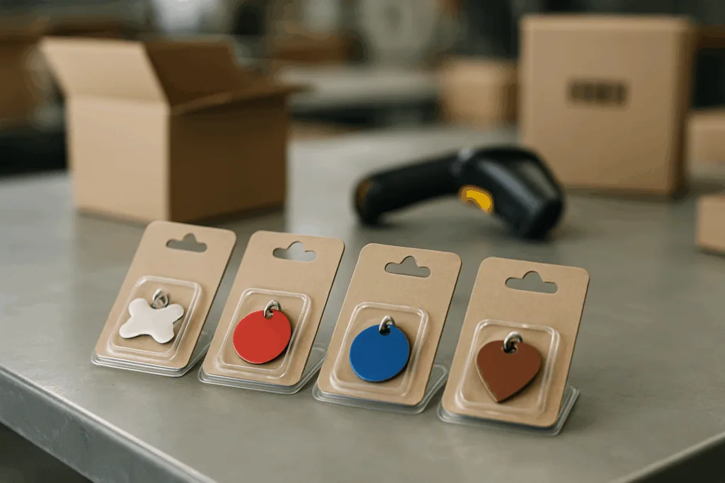 Various retail-packed dog tags displayed on branded cards, each featuring UPC barcodes and organized for shipping to stores.