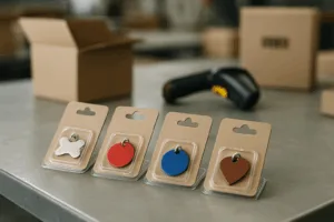 Various retail-packed dog tags displayed on branded cards, each featuring UPC barcodes and organized for shipping to stores.