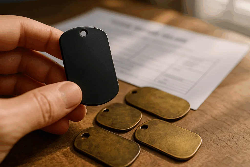 sample review matte black antique brass dog tags