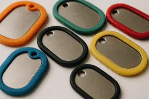 Dog tags equipped with no-noise accessories, including silicone silencers and rubber rings.