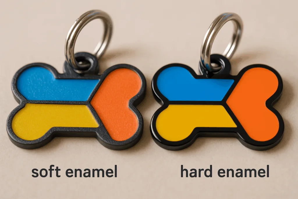 A comparative image showing the structural and visual distinctions between soft enamel and hard enamel dog tags in premium finishes.