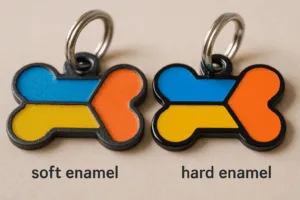 A comparative image showing the structural and visual distinctions between soft enamel and hard enamel dog tags in premium finishes.