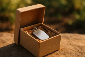 A close-up of an eco-friendly dog tag presented in a biodegradable box, emphasizing sustainable packaging and presentation.