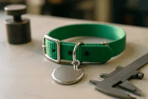 A professional factory checks a zinc-alloy puppy dog tag for smooth edges and deep font before packaging.