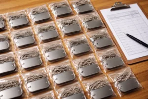 Bulk metal dog tags individually packaged with logos