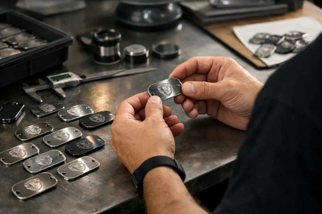 Professional Engraved Metal Dog Tags — Legibility, Placement & Bulk Logo Guide 2 bulk qc logo consistency metal tags