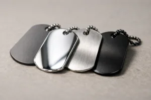 Dog tags with matte, mirror, brushed, and blackened finishes