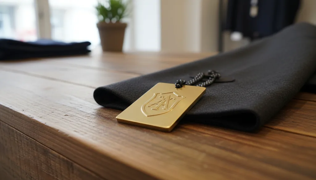 Custom Clothing Logo Tags — Metal Hang Tags, Labels & Nameplates 1 Metal logo tag with brand on clothing, attached with chain.