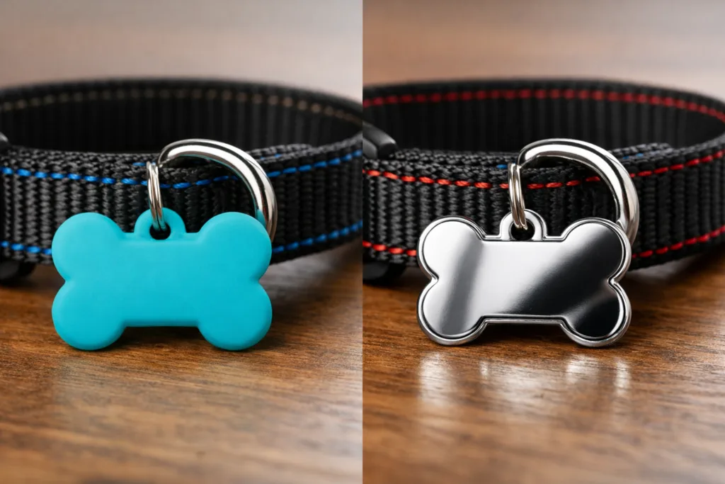 Side-by-side display of silicone and metal dog tags attached to a pet collar