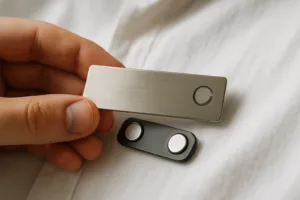 Hand holding a stainless steel magnetic name tag with logo above a shirt