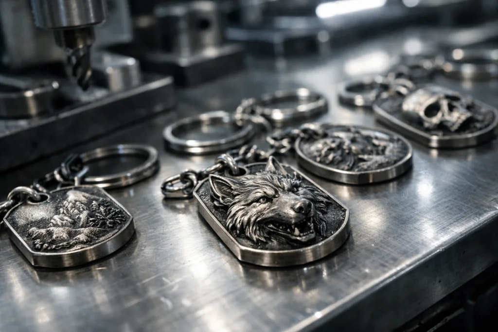 7 Reasons Why Sculptural Relief Sets 3D Molded Keychain Tags Apart 21 A close view of sculptural relief tags for premium keychains laid out for inspection. Focus highlights grain depth, metallic finishes, and bright production lighting.