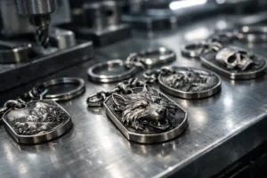 A close view of sculptural relief tags for premium keychains laid out for inspection. Focus highlights grain depth, metallic finishes, and bright production lighting.