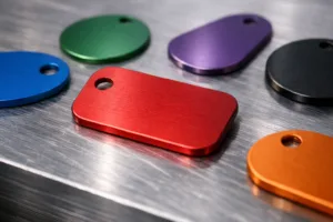 A vivid photo of anodized aluminum tags arranged on a metal workbench, demonstrating their color range, smooth finish, and lightweight construction.