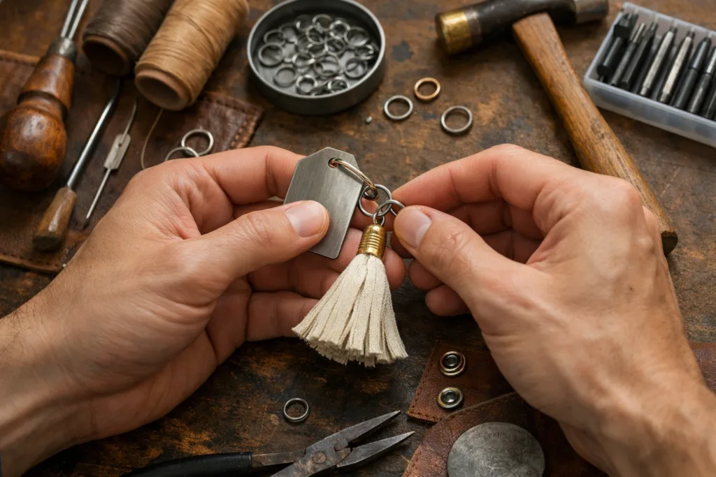 Fabric Tassels: Adding Softness to Hard Metal Keychains. 3 attaching fabric tassel metal keychain